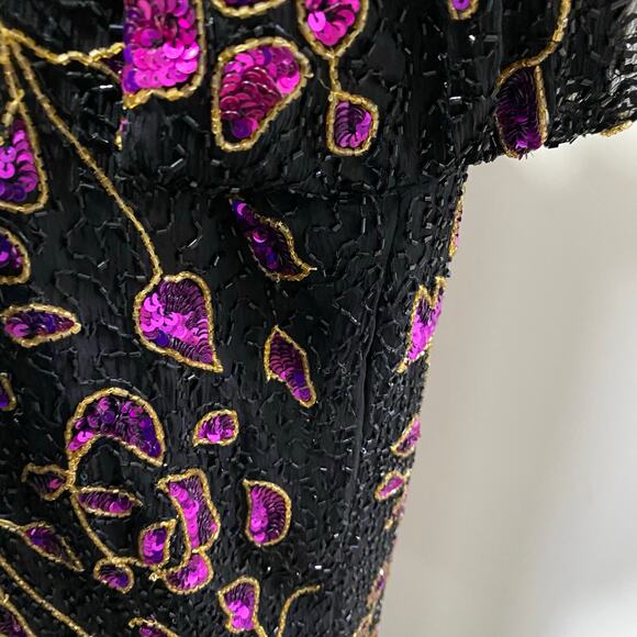 Vintage Sequin Jacket Size Medium Fuchsia Pink Floral Print on Black Silk - Picture 6 of 10